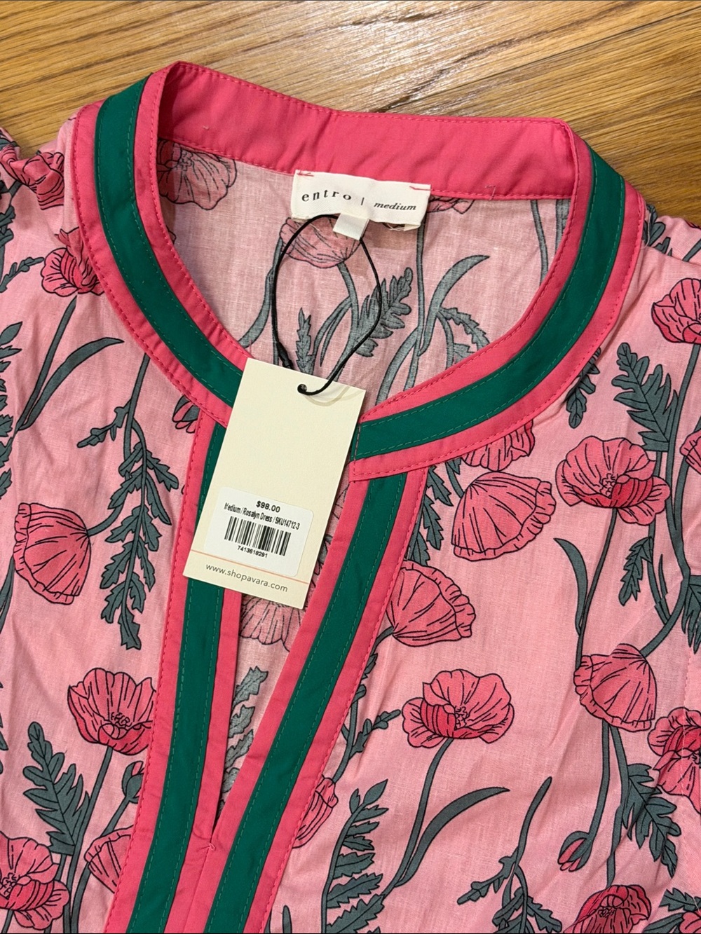 entro Pink Floral Midi Dress with Green Trim Accents - Picture 2 of 5